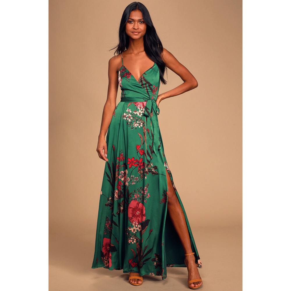 Lulus Still The One Emerald Green Floral Print Satin Maxi Dress - Size L